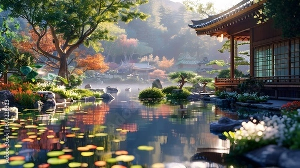 Fototapeta Serene Japanese Zen Garden with Tranquil Pond Pagoda and Carefully Placed Elements Inviting Calm and Reflection