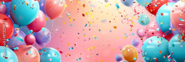 Fototapeta Colorful balloons and confetti celebrate an event on a festive pink background. Perfect for party, celebration, and birthday visuals.