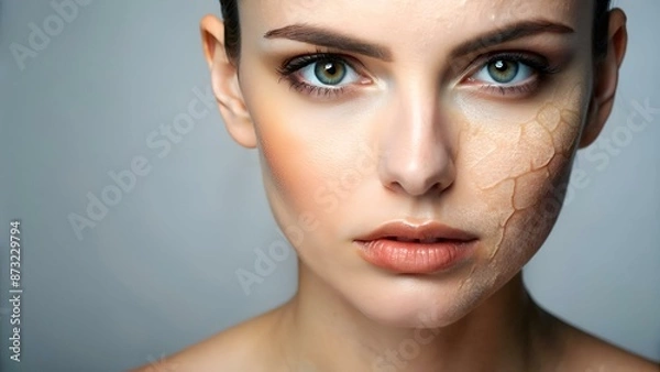 Fototapeta Woman with dry skin on face against light grey background, closeup