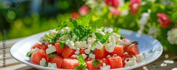 Fototapeta Fresh watermelon salad with feta cheese, mint, and parsley, served in a white bowl on a sunny day with a floral background.
