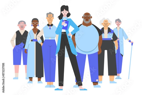 Obraz A diverse group of elderly people standing with a doctor, symbolizing healthcare support and medical care for senior citizens. Different ethnicities and genders. Vector flat illustration.