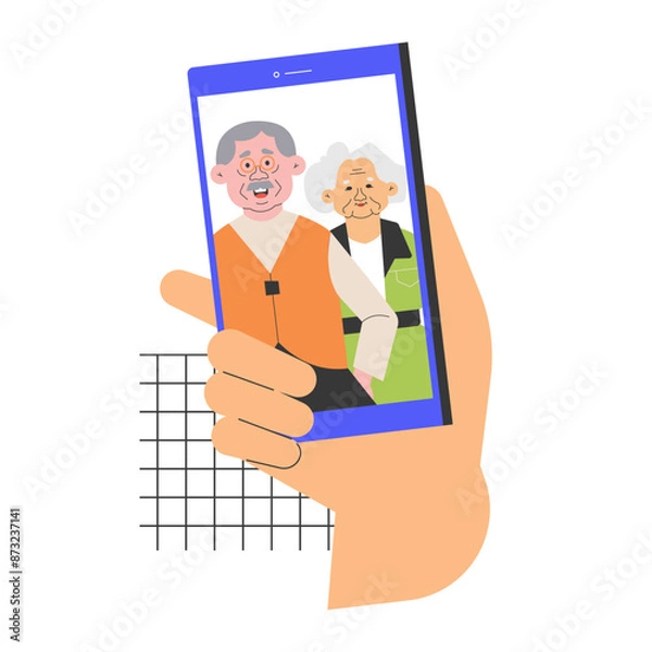Obraz A person holding a smartphone with a photo of an elderly couple on the screen. The elderly couple is smiling and posing for a selfie, conveying a warm family connection and the use of technology.