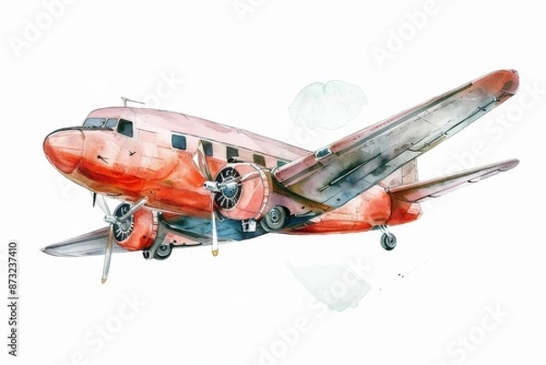 Fototapeta A watercolor illustration of a red propeller plane flying through the clouds. Children's Book Illustration