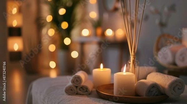 Fototapeta Candles burning and an aromatic reed freshener on a table in a spa salon, with space for text.