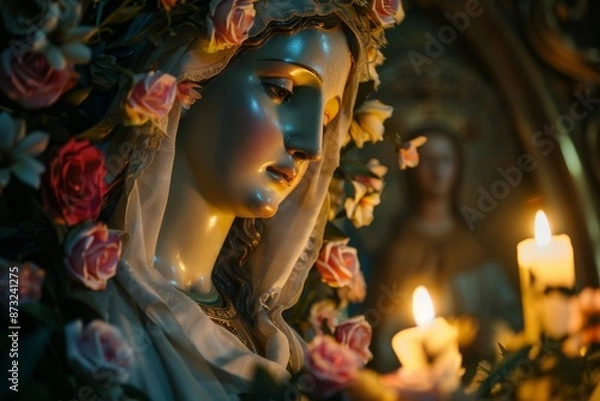 Obraz A close-up of a beautifully decorated statue of the Virgin Mary, adorned with flowers and candles. 