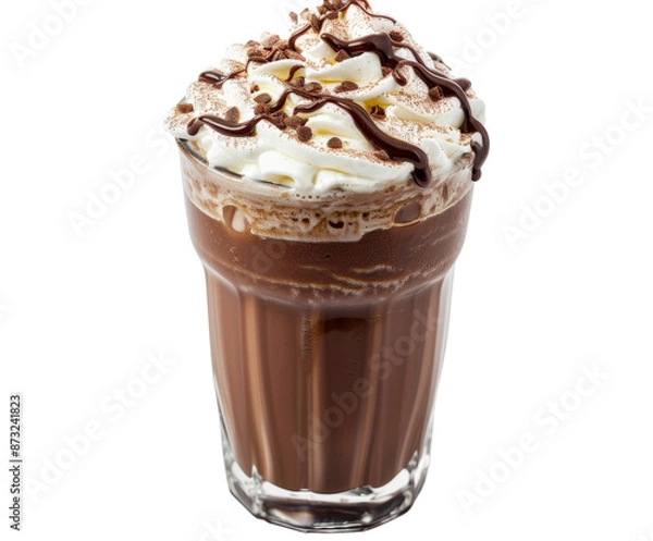 Fototapeta Chocolate milkshake with whipped cream and chocolate drizzle on white background..