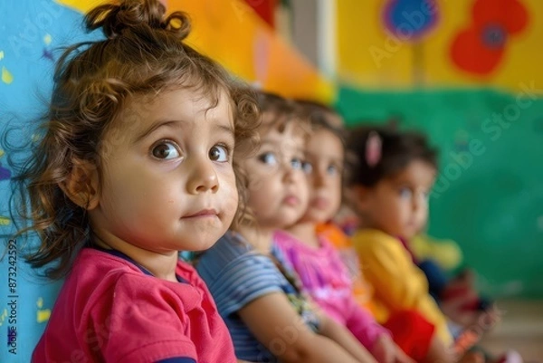 Fototapeta diverse group of wideeyed toddlers sitting in a colorful classroom captivated by an unseen teachers lesson