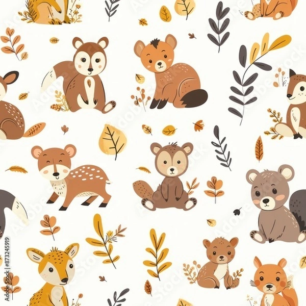 Fototapeta Delightful seamless pattern of forest animals such as bears, deer, and squirrels in a cartoon style. The 2D illustration is designed with a soft color palette, making it perfect for baby products,