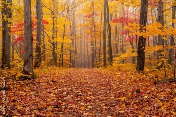 Fototapeta enchanted autumn forest with towering trees in rich gold and crimson hues misty pathways winding through a carpet of fallen leaves
