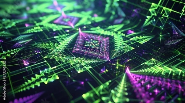 Fototapeta A digital rendering of geometric fractals expanding infinitely, with intricate patterns of triangles and squares in neon green and purple.