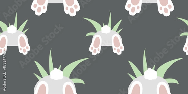 Fototapeta Cute Flat Vector Easter seamless pattern with Bunnies in Hole with Green Grass. Spring beautiful background with Rabbit Bottom, great for Easter Card, banner, textile, wallpaper Cartoon design, Fabric