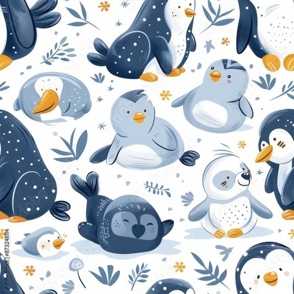 Fototapeta A charming seamless pattern of arctic animals including penguins, polar bears, and seals in a cartoon style. The 2D illustration uses cool tones and is perfect for winter-themed projects, kids'