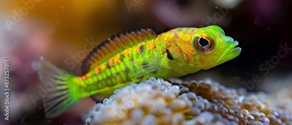 Fototapeta  A tight shot of a vibrant yellow and orange fish near corals against a backdrop of more corals and water