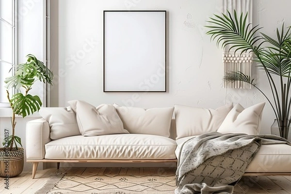 Obraz minimalist scandinavian living room large blank picture frame neutral color palette natural textures houseplants soft diffused lighting clean lines cozy throw blankets sleek furniture