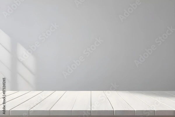 Fototapeta Empty Wooden table top with blurry background of shadow white wall. Generative ai