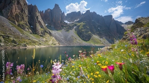 Fototapeta A dramatic mountain landscape with steep cliffs and crystal-clear lakes, framed by vibrant wildflowers.