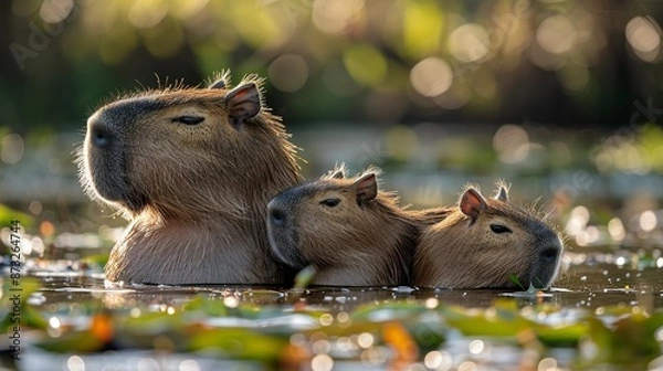 Fototapeta Adorable capybara family enjoying a sunny day by a pond, capturing the charm of these trending animals. , Minimalism,