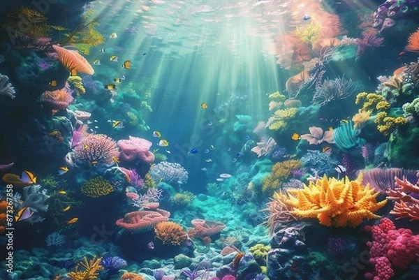 Fototapeta mysterious ancient coral reef with vibrant sea life underwater digital art 3d illustration