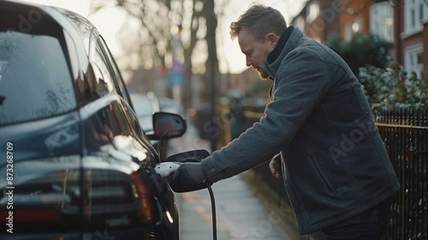Fototapeta Focused shot of a man plugging in a hybrid car at a charging point