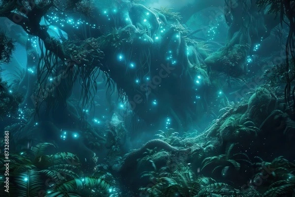 Fototapeta mysterious rainforest with giant bioluminescent plants and surreal otherworldly vegetation mist swirls around twisted tree trunks while exotic creatures peek from the shadows