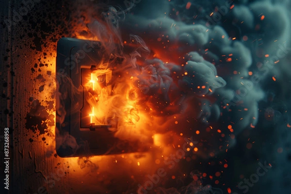 Fototapeta Electrical Fire Hazard A Burning Light Switch with Spark and Smoke