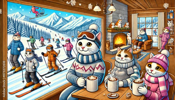 Fototapeta Cats are enjoying a winter vacation at a ski resort. Some are skiing down the slopes, dressed in colorful winter gear, while others sip hot cocoa inside a cozy mountain lodge