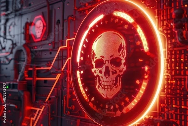 Fototapeta ominous biohazard warning sign with glowing neon skull pulsating red background holographic hazard symbols futuristic dystopian atmosphere