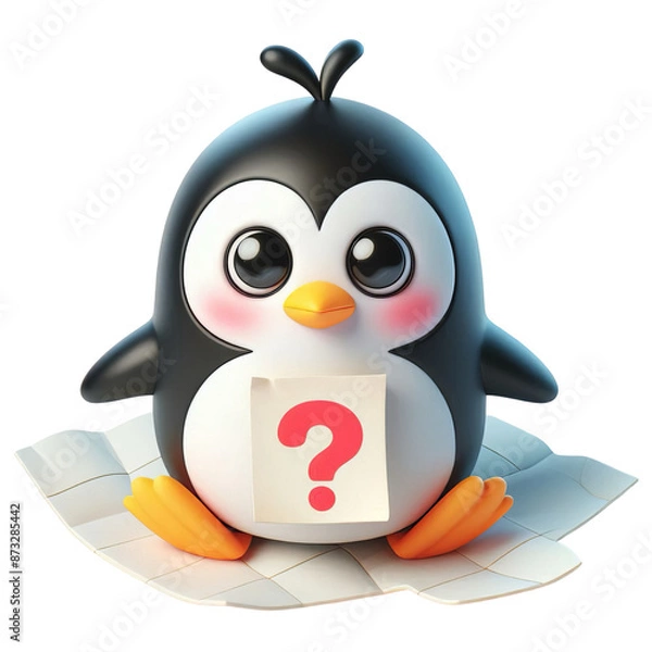 Fototapeta 3d penguin with question mark paper
