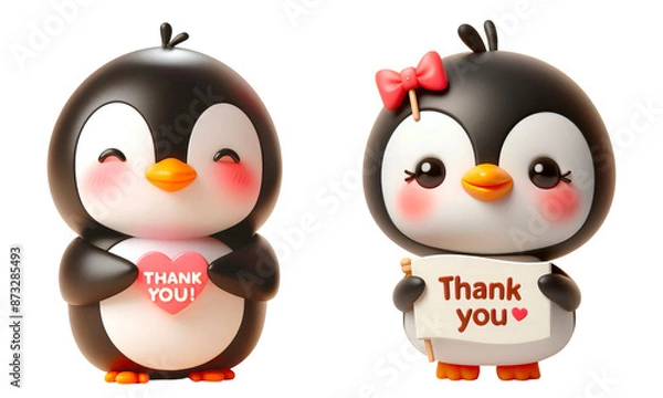 Fototapeta Set of penguin holding a placard with text THANK YOU 