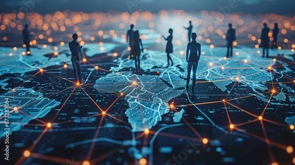 Fototapeta Business network concept with business people standing on a global map connected by glowing connections. High quality photo of businesspeople in suits connecting their interconnected networks using