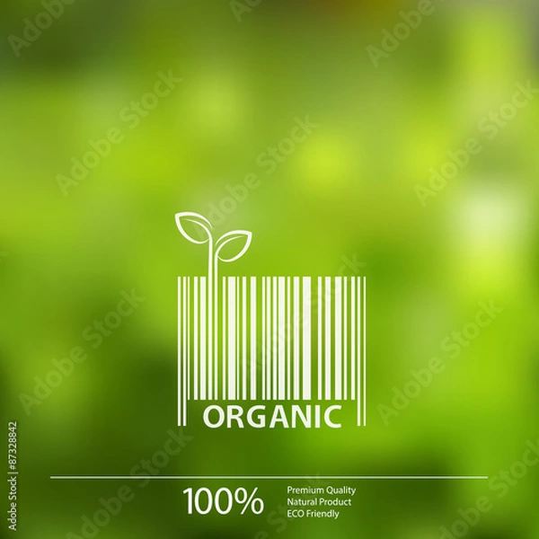 Fototapeta Vector blurred nature background with eco barcode label of Organic Fresh Food.