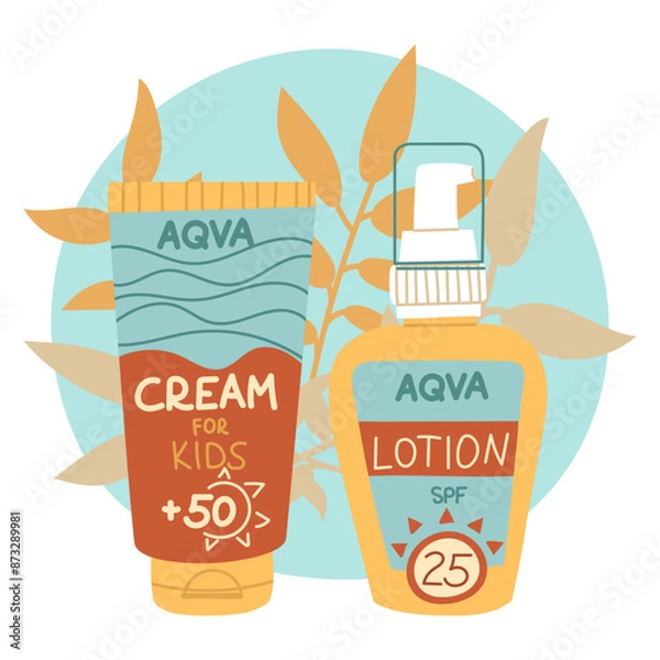 Obraz jar of sunscreen and lotion. Jars in a closed tube with a dispenser with tropical leaves. Cosmetics. Face and body care products. Several containers. A vector object in a flat style. Isolated object