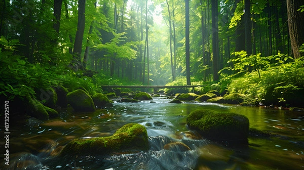 Fototapeta Pristine Forest Stream with Sunlight and Lush Greenery