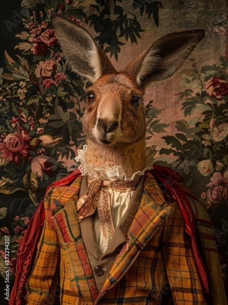 Fototapeta Portrait of a red-necked kangaroo dressed in a checkered plaid jacket and bow tie.