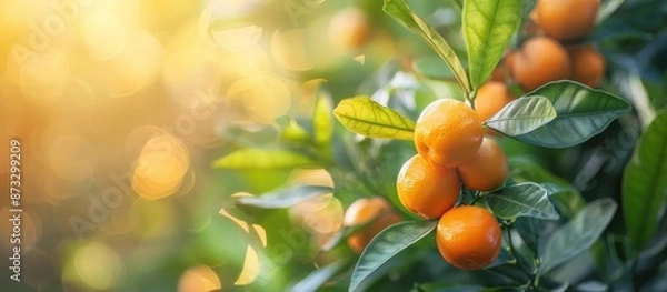 Fototapeta Ripe oranges hanging on a tree branch in a citrus grove. Sun shining through the leaves creating a warm, summery atmosphere. Concepts. agriculture, healthy eating, vitamins, juice.