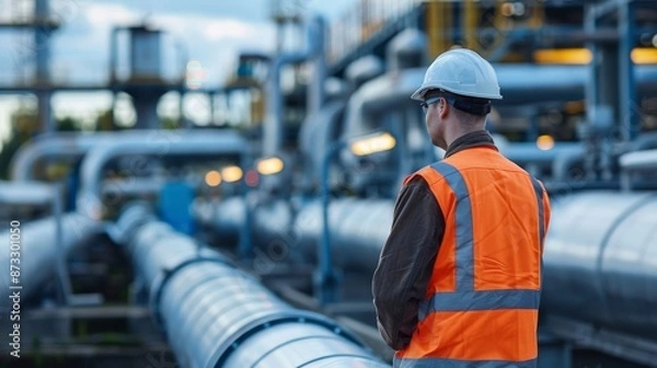 Fototapeta Technician Inspecting Worker Monitoring Pipeline Infrastructure Maintaining Energy Supply and Sustainability