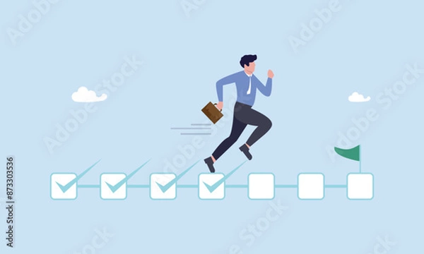 Fototapeta Businessman project manager running on completed checkbox to reach goal, project management, task tracking or work progress, tracking finish or completed tasks, planning or productivity concept.