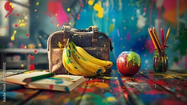 Obraz  A well-lit scene showcasing a collection of school supplies, including a decent bag, a book, a pen, a pencil, an apple, and  bananas, all set against a backdrop of vibrant splashes. 
