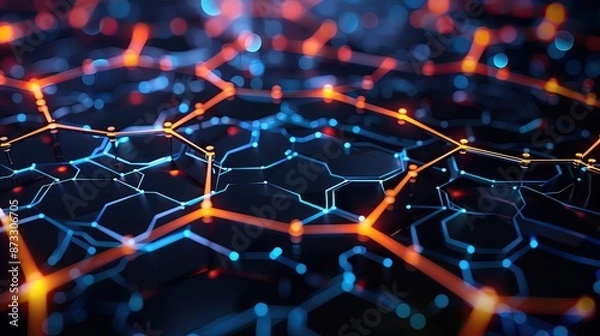Fototapeta Abstract futuristic network with glowing connections, illustrating technology, data, and communication in blue and orange colors.