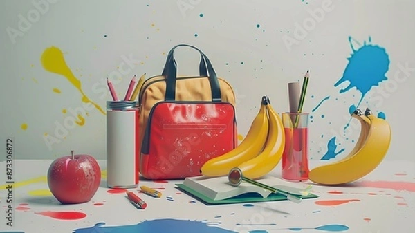 Obraz  A well-lit scene showcasing a collection of school supplies, including a decent bag, a book, a pen, a pencil, an apple, and  bananas, all set against a backdrop of vibrant splashes. 
