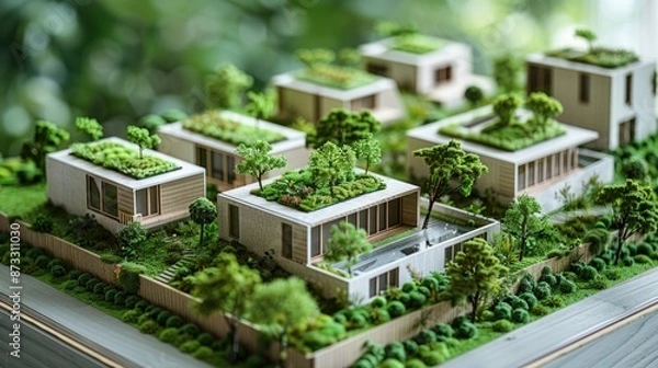 Fototapeta Paper model of sustainable housing with green rooftops and environmental design.