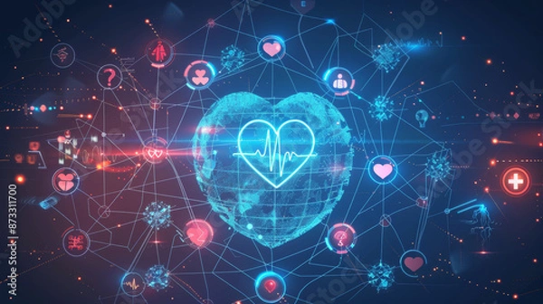 Fototapeta A network of connected icons form a globe around a heart rhythm. This digital illustration shows how technology, communication, and globalization affect medical care.
