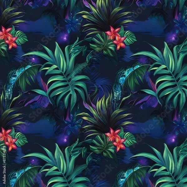 Fototapeta Tropical leaves and flowers in the night style for men`s prints. Seamless vector jungle wallpaper pattern black background, generative, AI Gerenative AI
