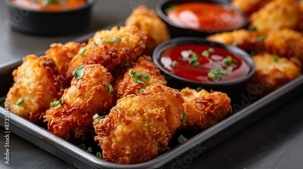 Obraz Crispy fried chicken nuggets plated with ketchup dipping sauce on the side, garnished with fresh herbs, perfect for a savory snack or meal.