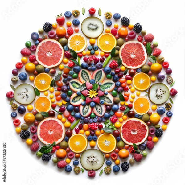 Obraz A mandala created using various fruits and vegetables on a white background. 