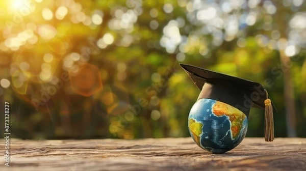 Fototapeta Global Business Education Concept with Graduation Cap and Earth Globe. Generated AI
