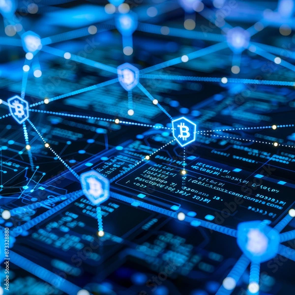 Obraz A blockchain-based supply chain network, illustrated with interconnected nodes representing secure and transparent transactions. 