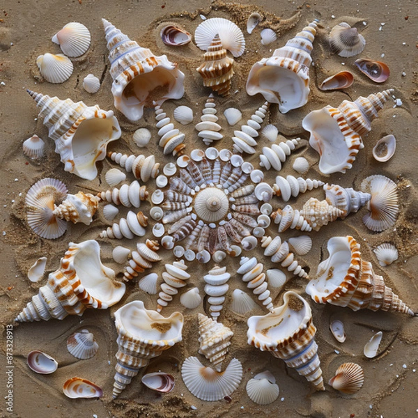 Obraz An intricate mandala design formed by seashells on a sandy beach. 