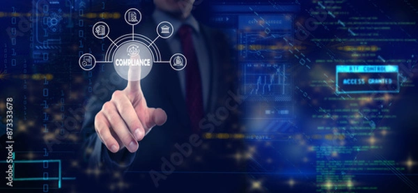 Fototapeta a businessman utilizing compliance icons to enforce laws, regulations, and standards.