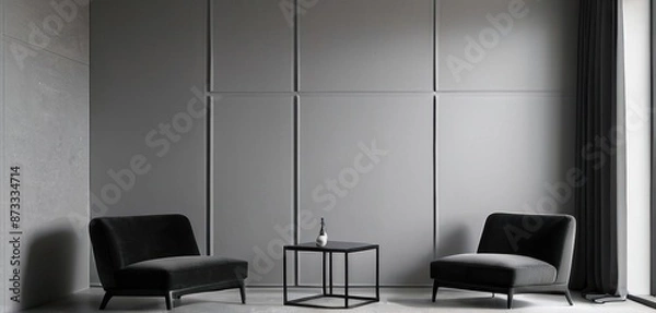 Obraz Grey wall panels and a black side table in minimalistic interior design composition.
